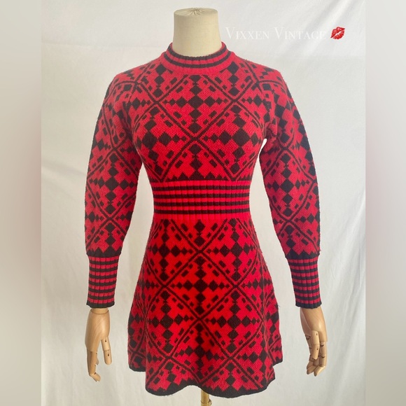 Vintage Dresses Vintage 96s Style Mod Geo Jacquard Knit Mini Dress — free download